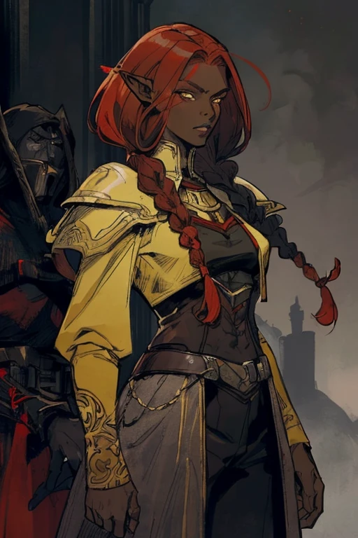 portrait of 1 red haired woman, (dark skin), yellow eyes, bob hairstyle, (long twin_low_braids), battle stance, fantasy military gear, r night and ash background, fantasy, detailed, ( methurlant), (masterpiece, best quality:1.3), moth on eye, comic, intricate hairstyle, elegant hair, red and gray clothes, elven ears