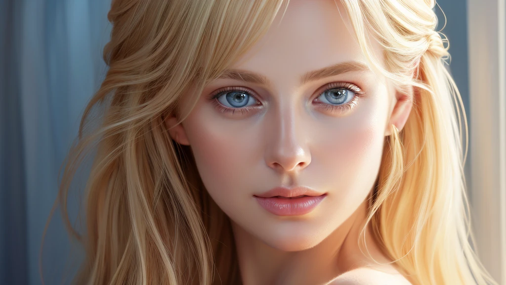 Soft portrait of a beautiful blonde woman, flowing golden hair, captivating blue eyes, delicate features, natural makeup, elegant attire, gentle expression, subtle blush, warm skin tones, ethereal lighting, soft shadows, high-resolution digital painting, realistic style, artistic interpretation, by a skilled portrait artist