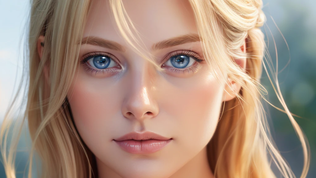 Soft portrait of a beautiful blonde woman, flowing golden hair, captivating blue eyes, delicate features, natural makeup, elegant attire, gentle expression, subtle blush, warm skin tones, ethereal lighting, soft shadows, high-resolution digital painting, realistic style, artistic interpretation, by a skilled portrait artist