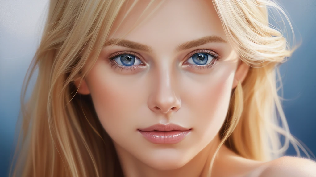 Soft portrait of a beautiful blonde woman, flowing golden hair, captivating blue eyes, delicate features, natural makeup, elegant attire, gentle expression, subtle blush, warm skin tones, ethereal lighting, soft shadows, high-resolution digital painting, realistic style, artistic interpretation, by a skilled portrait artist