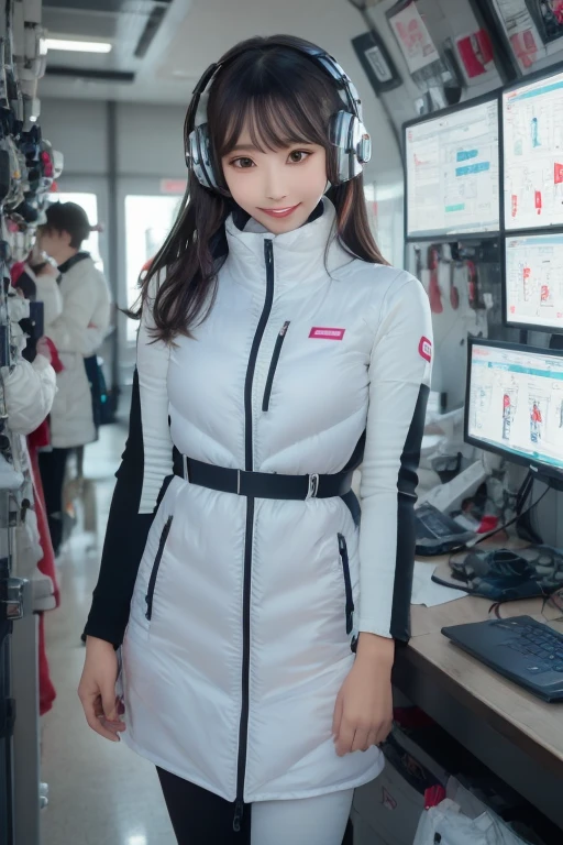 masterpiece, Highest quality, Very detailed, 8K Portrait,Japanese Android Girl,plump , Control panel,Robotic arms and legs, Blunt bangs,,break (Metallic Gray, Metallic luster, Mirror finish, Astro Best):5,headphone:5,break (Black sleeves):100,Smart Watches,Futuristic space station,Control Room,break headphone,blue eyes,(Black Hair):2,(Long Hair):1.3,Displaying the viewer,(respirator),break blush:3,Hidden Hand,smile