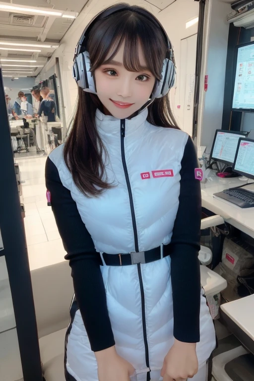 masterpiece, Highest quality, Very detailed, 8K Portrait,Japanese Android Girl,plump , Control panel,Robotic arms and legs, Blunt bangs,,break (Metallic Gray, Metallic luster, Mirror finish, Astro Best):5,headphone:5,break (Black sleeves):100,Smart Watches,Futuristic space station,Control Room,break headphone,blue eyes,(Black Hair):2,(Long Hair):1.3,Displaying the viewer,(respirator),break blush:3,Hidden Hand,smile