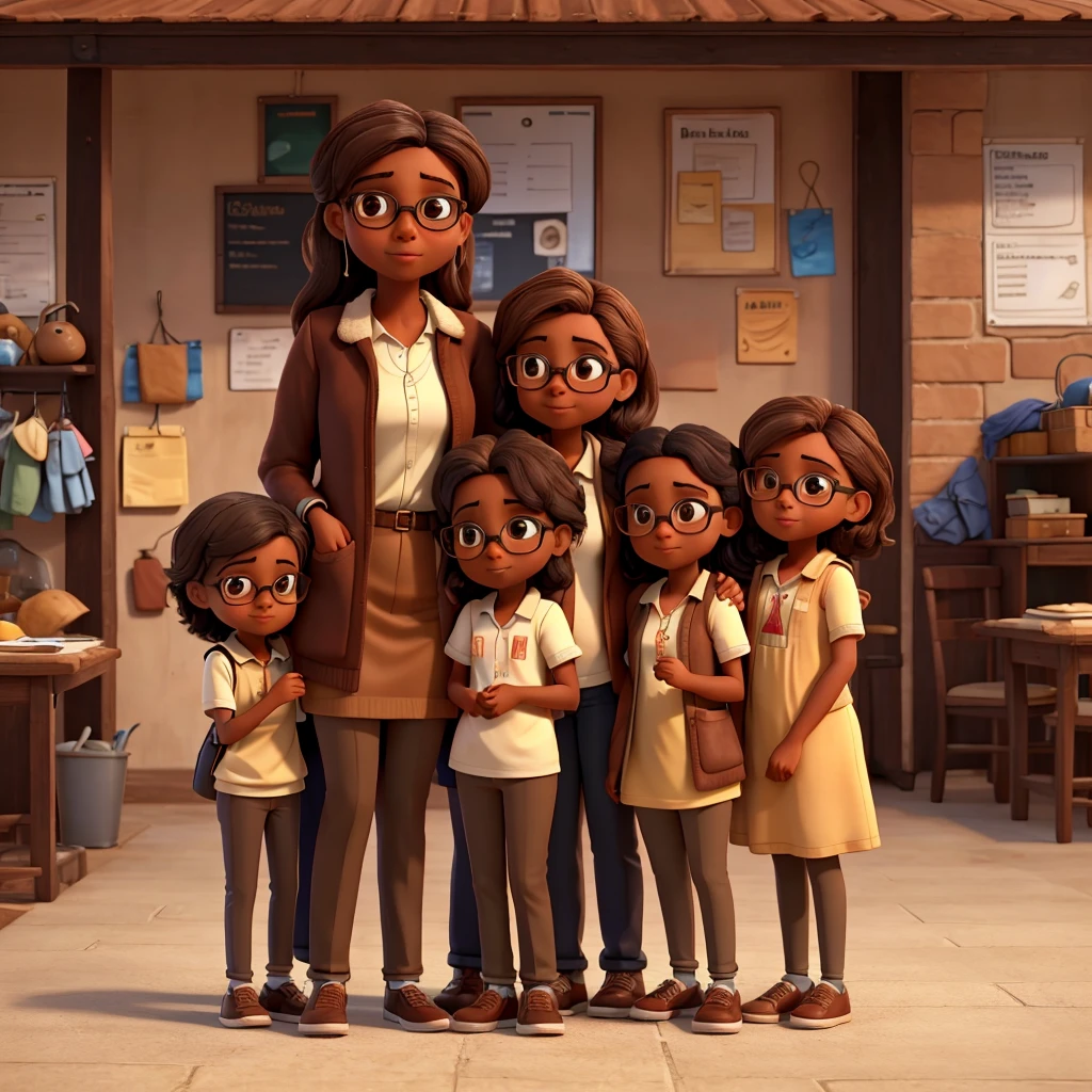 a tall boy, two brown girls with glasses and a brown girl, all hugged