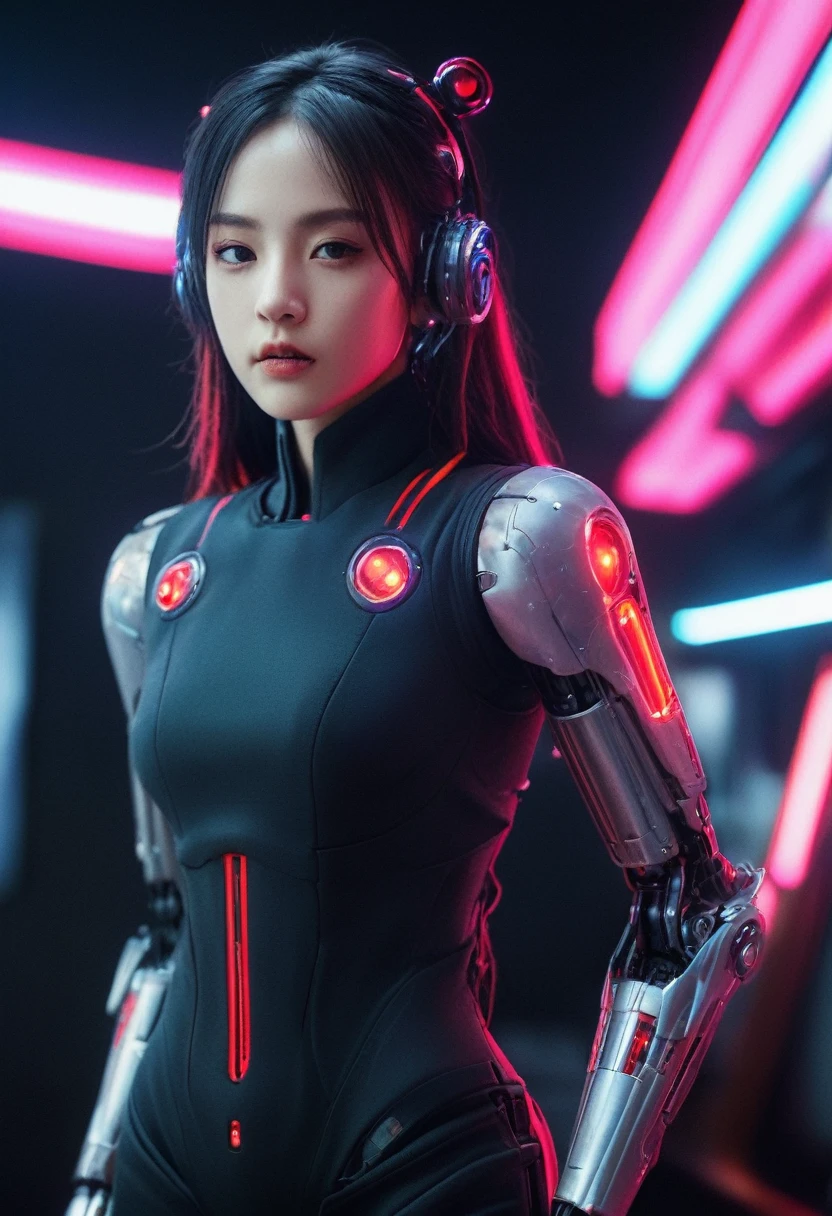 xxmixgirl. Highly detailed professional 35mm film, bokeh, face in sharp focus. A robotic female, Miku, with ((metal skin)), ((perfect Asian eyes)) with magenta irises and ((black pupils)), beautiful serious (detailed face), 18 year old ((photorealistic face)), very long magenta twin tails of magenta hair, twin black hair ties with a single red stripe. She may have a black audio headpiece. We can see her ((full body)) down to her boot soles. Her outfit is a sleeveless collared light grey shirt, outlined in red around the frilled collar and hems. Shiny reflective ((metallic breast cups, dimpleless)), invisible nipples. She wears black sleeves with red hems that start around her upper arm and bellow out as the sleeves open and extend to her wrists, with wide trumpet red rimmed cuffs. She has perfect robotic (detailed hands). She wears a red colored tie with two horizontal solid parallel black lines halfway across. She wears a fabric black skirt with a horizontal red hem at the bottom all the way around; her (((black skirt wraps around her))) and ((her skirt completely covers)) her robotic waist and thighs. Tall black boots with red bottom soles, a red rim around the top at her thighs. Her mechanical shoulder joints are visible. We can see her robotic legs and robotic neck. Half of her is covered with shiny polished machinery. The background is a distant dark neon futuristic Japanese city, gold, cyan, violet neon, near harbor or mountains.