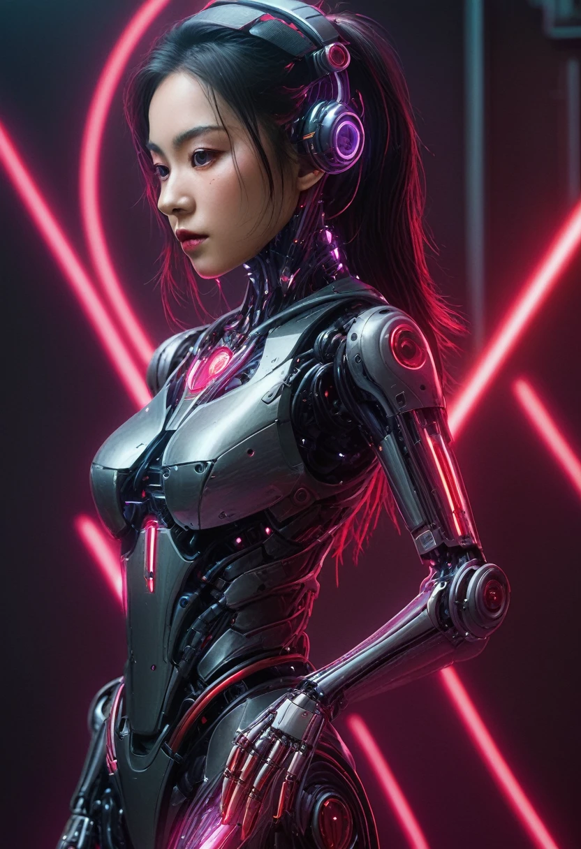 xxmixgirl. Highly detailed professional 35mm film, bokeh, face in sharp focus. A robotic female, Miku, with ((metal skin)), ((perfect Asian eyes)) with magenta irises and ((black pupils)), beautiful serious (detailed face), 18 year old ((photorealistic face)), very long magenta twin tails of magenta hair, twin black hair ties with a single red stripe. She may have a black audio headpiece. We can see her ((full body)) down to her boot soles. Her outfit is a sleeveless collared light grey shirt, outlined in red around the frilled collar and hems. Shiny reflective ((metallic breast cups, dimpleless)), invisible nipples. She wears black sleeves with red hems that start around her upper arm and bellow out as the sleeves open and extend to her wrists, with wide trumpet red rimmed cuffs. She has perfect robotic (detailed hands). She wears a red colored tie with two horizontal solid parallel black lines halfway across. She wears a fabric black skirt with a horizontal red hem at the bottom all the way around; her (((black skirt wraps around her))) and ((her skirt completely covers)) her robotic waist and thighs. Tall black boots with red bottom soles, a red rim around the top at her thighs. Her mechanical shoulder joints are visible. We can see her robotic legs and robotic neck. Half of her is covered with shiny polished machinery. The background is a distant dark neon futuristic Japanese city, gold, cyan, violet neon, near harbor or mountains.