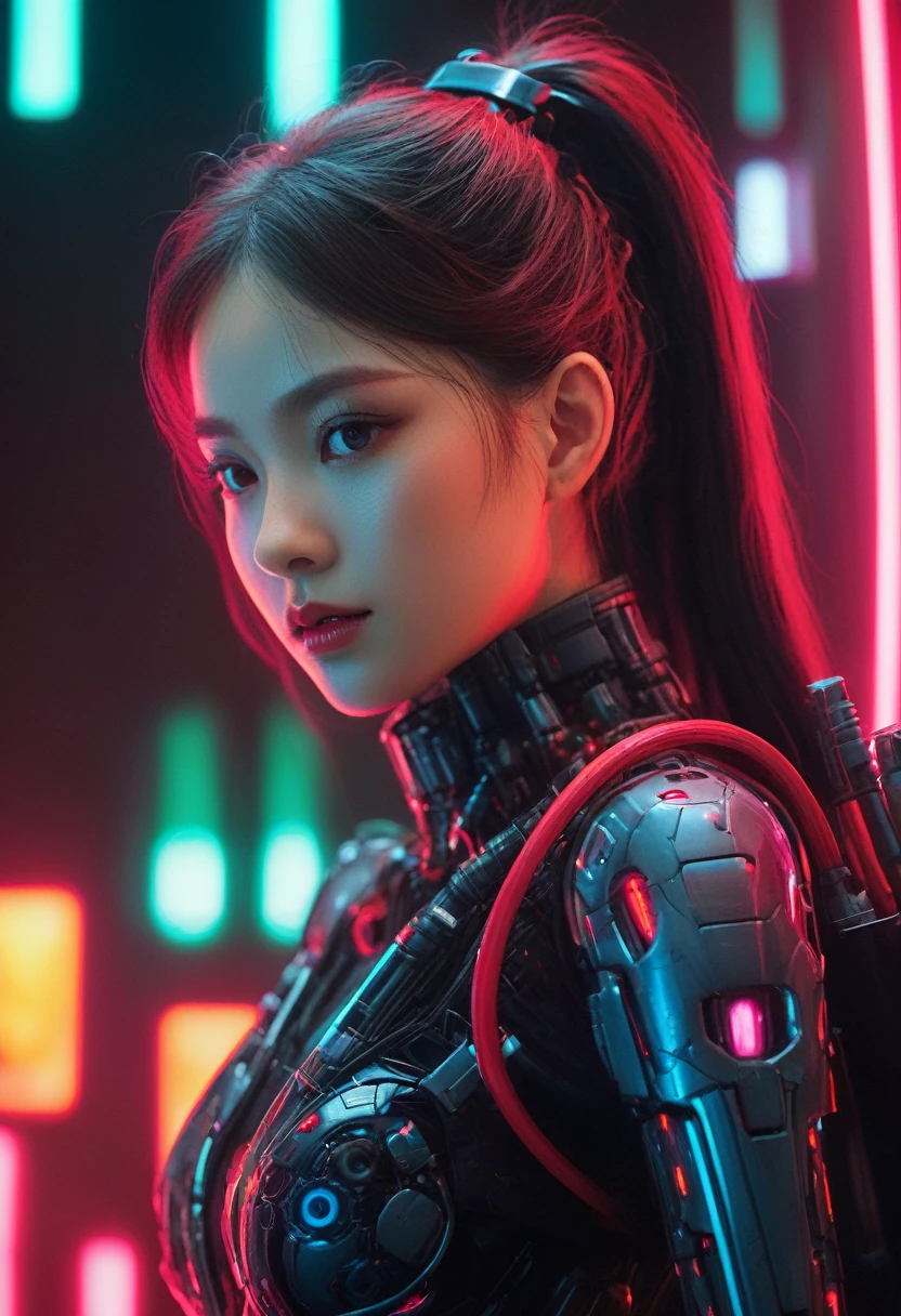 xxmixgirl. Highly detailed professional 35mm film, bokeh, face in sharp focus. A robotic female, Miku, with ((metal skin)), ((perfect Asian eyes)) with magenta irises and ((black pupils)), beautiful serious (detailed face), 18 year old ((photorealistic face)), very long magenta twin tails of magenta hair, twin black hair ties with a single red stripe. She may have a black audio headpiece. We can see her ((full body)) down to her boot soles. Her outfit is a sleeveless collared light grey shirt, outlined in red around the frilled collar and hems. Shiny reflective ((metallic breast cups, dimpleless)), invisible nipples. She wears black sleeves with red hems that start around her upper arm and bellow out as the sleeves open and extend to her wrists, with wide trumpet red rimmed cuffs. She has perfect robotic (detailed hands). She wears a red colored tie with two horizontal solid parallel black lines halfway across. She wears a fabric black skirt with a horizontal red hem at the bottom all the way around; her (((black skirt wraps around her))) and ((her skirt completely covers)) her robotic waist and thighs. Tall black boots with red bottom soles, a red rim around the top at her thighs. Her mechanical shoulder joints are visible. We can see her robotic legs and robotic neck. Half of her is covered with shiny polished machinery. The background is a distant dark neon futuristic Japanese city, gold, cyan, violet neon, near harbor or mountains.