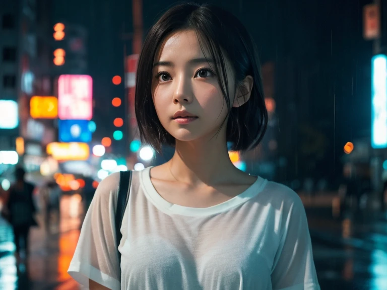 A beautiful Japanese female actress is staring at me, white thin Tshirt is wetty and see-through, cinematic lighting, depth of field, in a cyberpunk city, rain is falling, twilight, stars in the sky, a photo, DSLR.