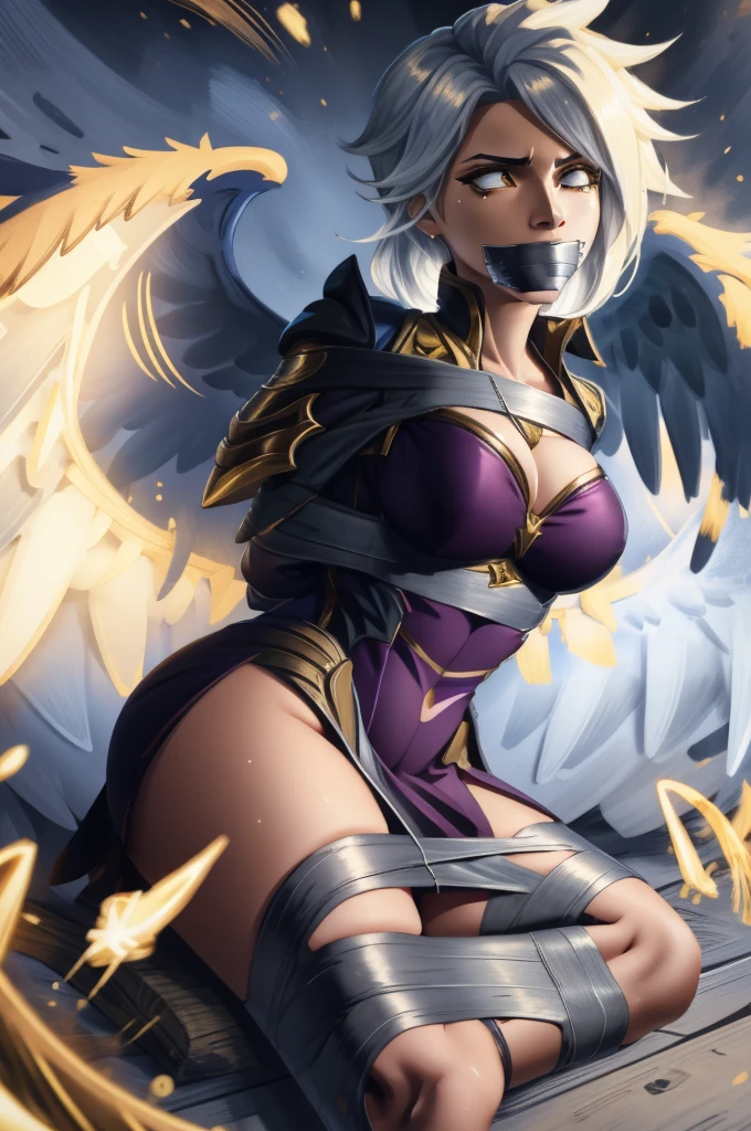(masterpiece, best quality), intricate details, 8k, artstation, wallpaper, official art, splash art, sharp focus,
1girl, solo, kayle \(league of legends\),
vjump,jumping, tape gag, tape bondage