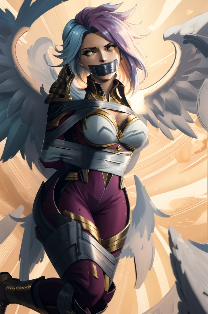 (masterpiece, best quality),  intricate details, 8k, artstation, wallpaper, official art, splash art, sharp focus,
1girl,  solo,  kayle \(league of legends\), 
 vjump,jumping, tape gag, tape bondage