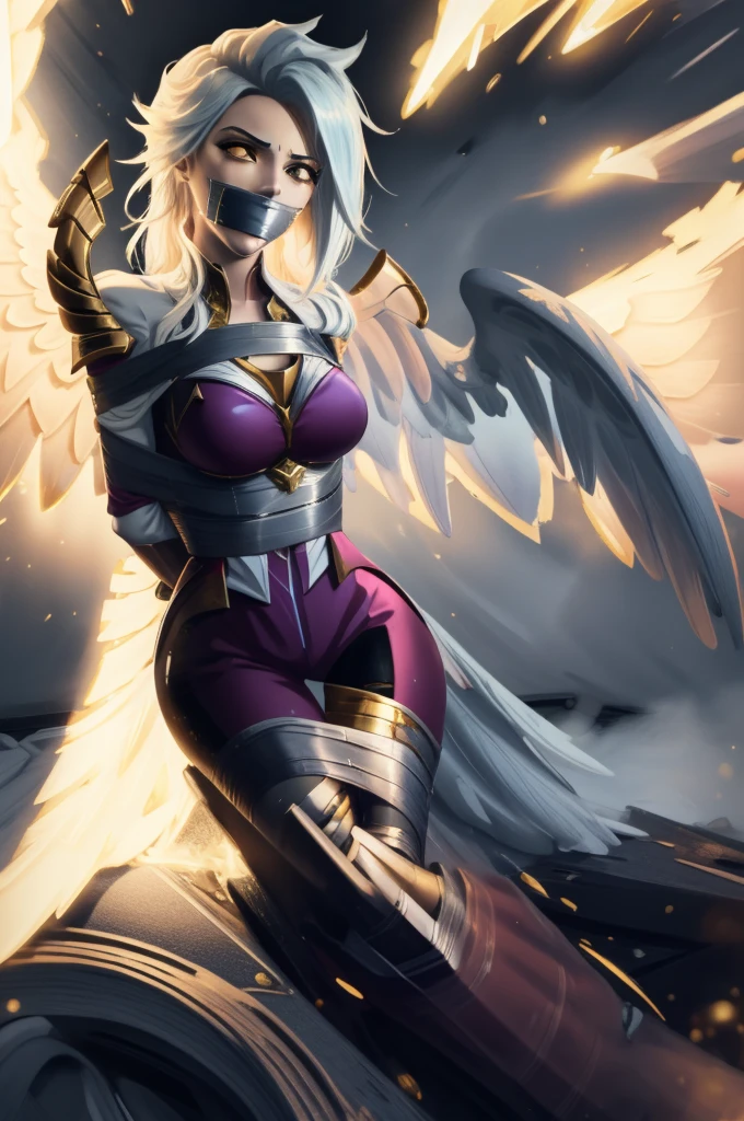 (masterpiece, best quality),  intricate details, 8k, artstation, wallpaper, official art, splash art, sharp focus,
1girl,  solo,  kayle \(league of legends\), 
 vjump,jumping, tape gag, tape bondage