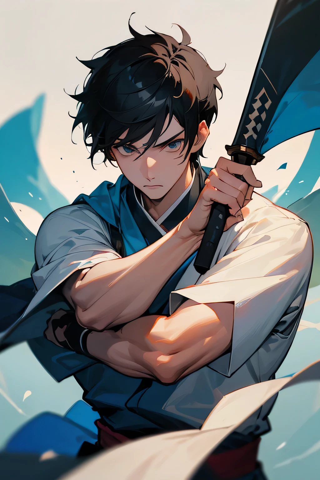 one white guy, solo leveling anime, Sung Jinwoo, two daggers in hands, short hair, black hair, upper body, ready to fight, 20 years old, sigma, detailed, masterpiece