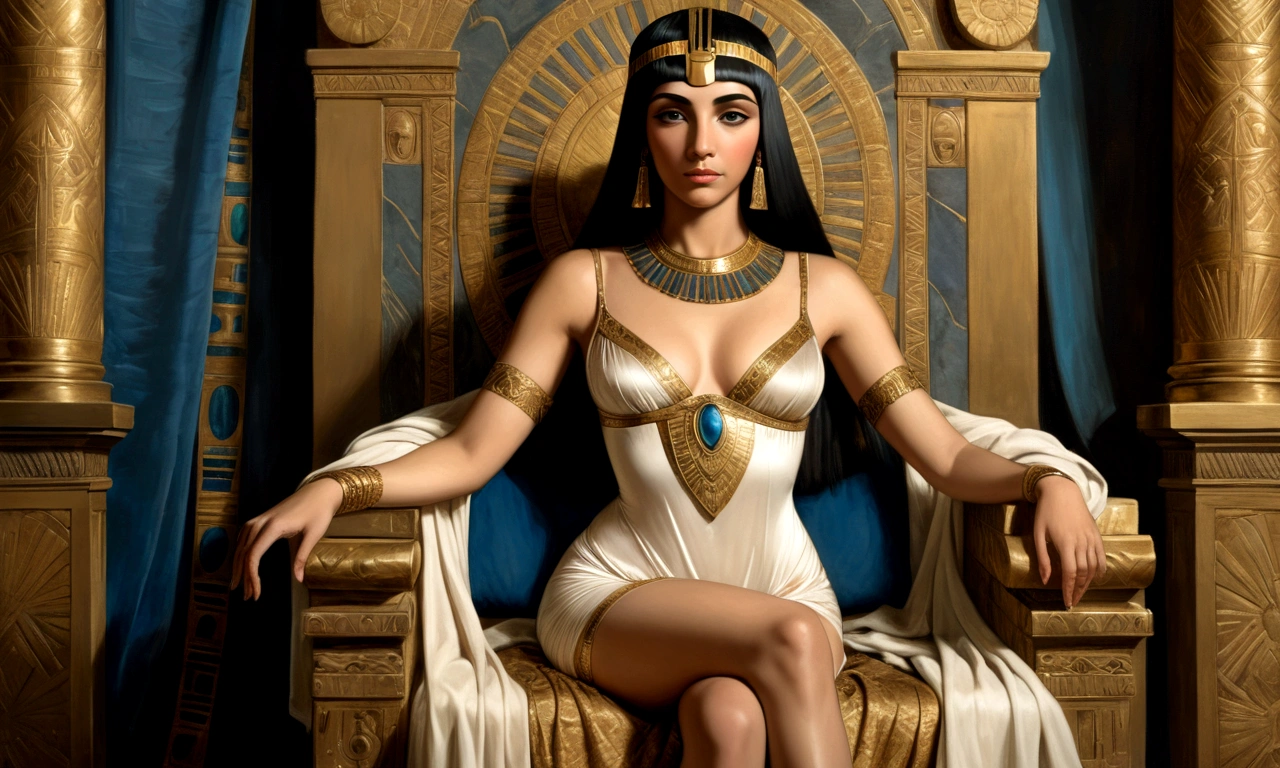 Renaissance painting of  sitting on a throne, her dress looks like lingerie, her gaze is  and attractive, her position , perfect beauty, she looks like a goddess, the only focus of the image is her, she is facing the viewer, renaissance painting.