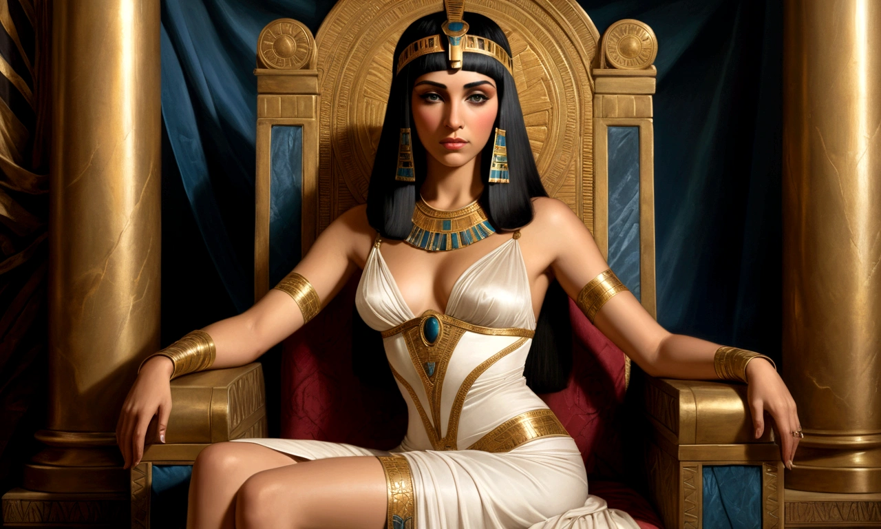 Renaissance painting of Cleopatra sitting on a throne, her dress looks like lingerie, her gaze is seductive and attractive, her position seductive, perfect beauty, she looks like a goddess, the only focus of the image is her, she is facing the viewer, renaissance painting.