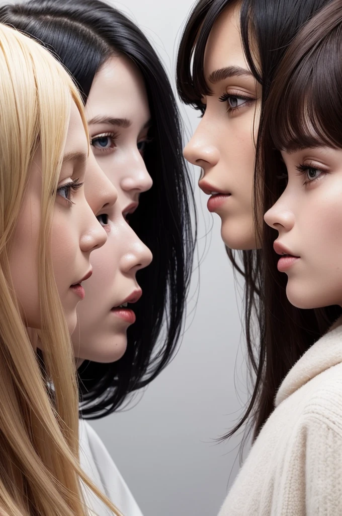 Create an image of 5 girls facing away from each other. A black woman with black hair, a white woman with blonde hair, a brown girl with dark brown hair, a white woman with red hair, a white woman with black hair 