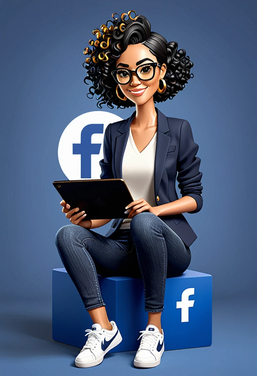 Create a 3D illustration of an animated Brazilian woman character sitting casually on top of a social media logo " facebook ". The character must wear a navy blue blazer, jeans, white blouse, white Nike sneakers, Short black hair and curly black skin, slightly slanted brown eyes with black and gold glasses and holding an iPad. The image background is a social media profile page.