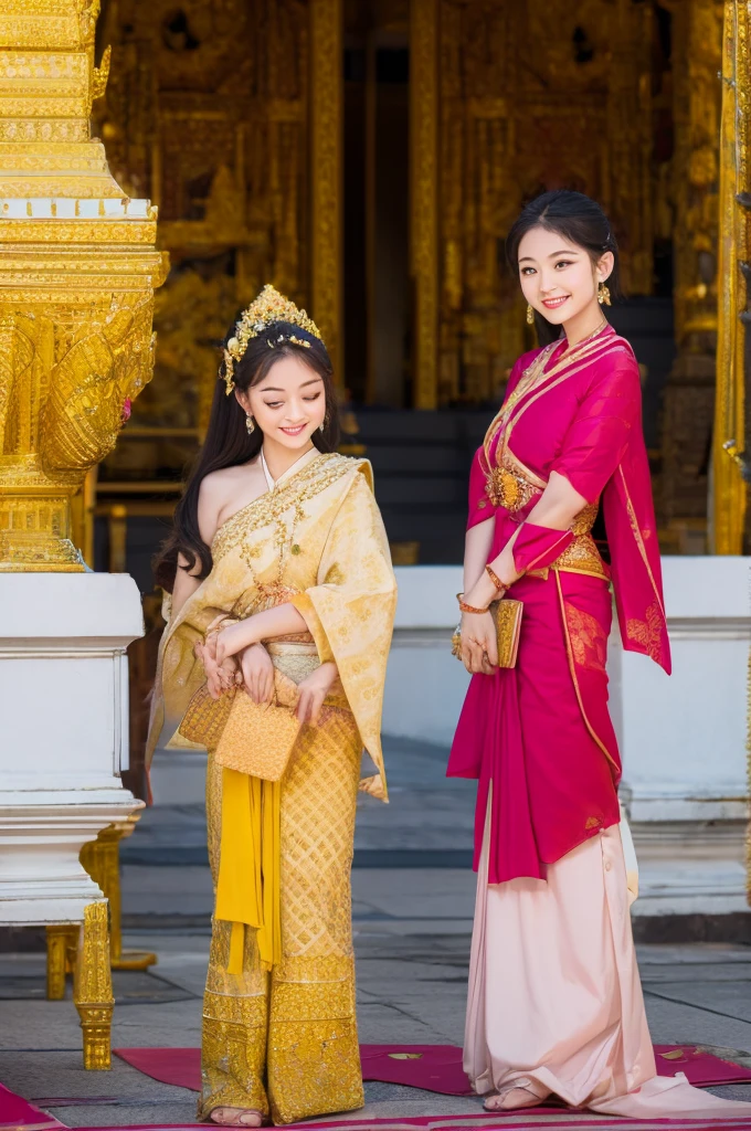 Thai girls dressed in Thai clothes stand and pay respect in front of the temple.