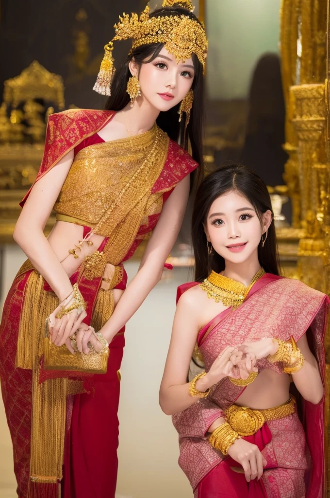 Thai girls dressed in Thai clothes stand and pay respect in front of the temple.