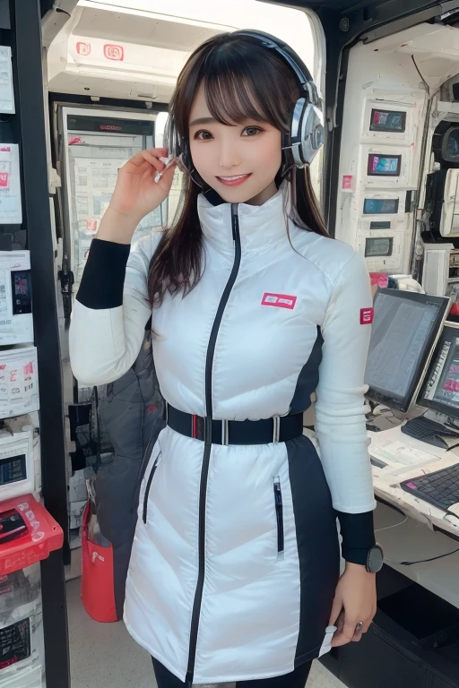 masterpiece, Highest quality, Very detailed, 8K Portrait,Japanese Android Girl,plump , Control panel,Robotic arms and legs, Blunt bangs,,break (Metallic Gray, Metallic luster, Mirror finish, Astro Best):5,headphone:5,break (Black sleeves):100,Smart Watches,Futuristic space station,Control Room,break headphone,blue eyes,(Black Hair):2,(Long Hair):1.3,Displaying the viewer,(respirator),break blush:3,Hidden Hand,smile