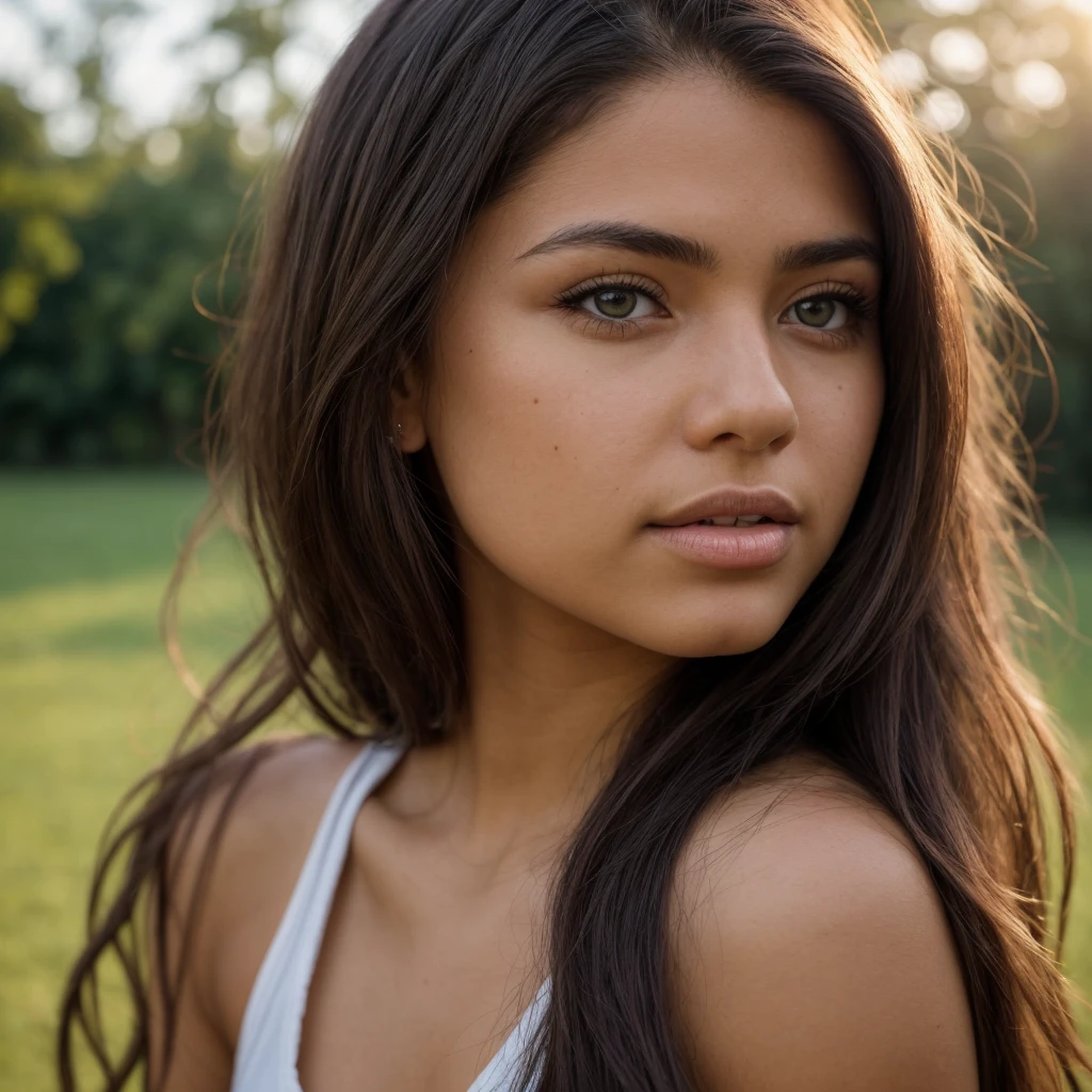 A photorealistic portrait of a 21-year-old colombian girl with long, flowing dark hair and striking dark eyes. She should have a natural, approachable expression and be illuminated by soft, golden-hour sunlight. The background should be a scenic outdoor setting, perhaps a sunlit park or beach. Capture this image with a high-resolution photograph using an 85mm lens for a flattering perspective.