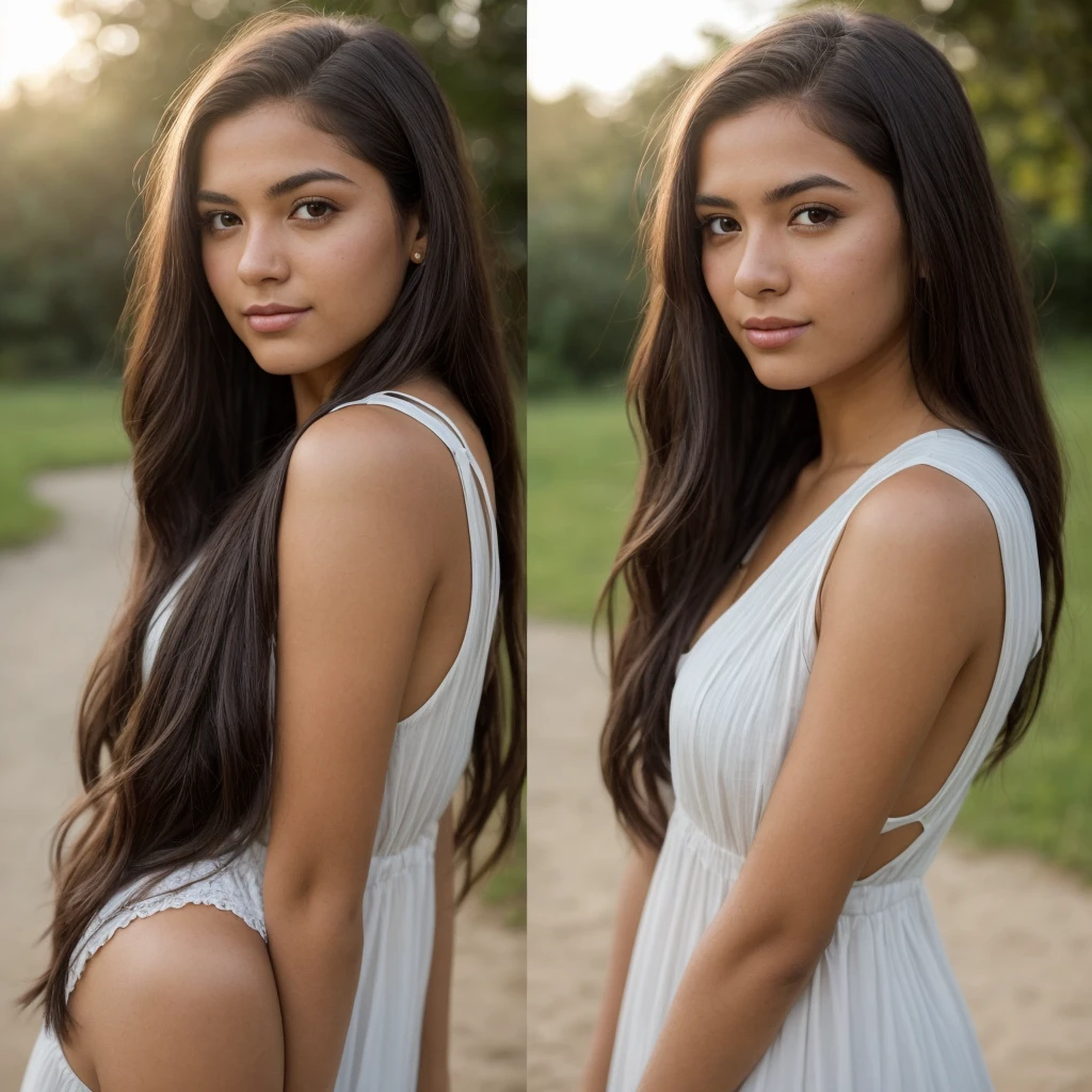 A photorealistic portrait of a 21-year-old colombian girl with long, flowing dark hair and striking dark eyes. She should have a natural, approachable expression and be illuminated by soft, golden-hour sunlight. The background should be a scenic outdoor setting, perhaps a sunlit park or beach. Capture this image with a high-resolution photograph using an 85mm lens for a flattering perspective.