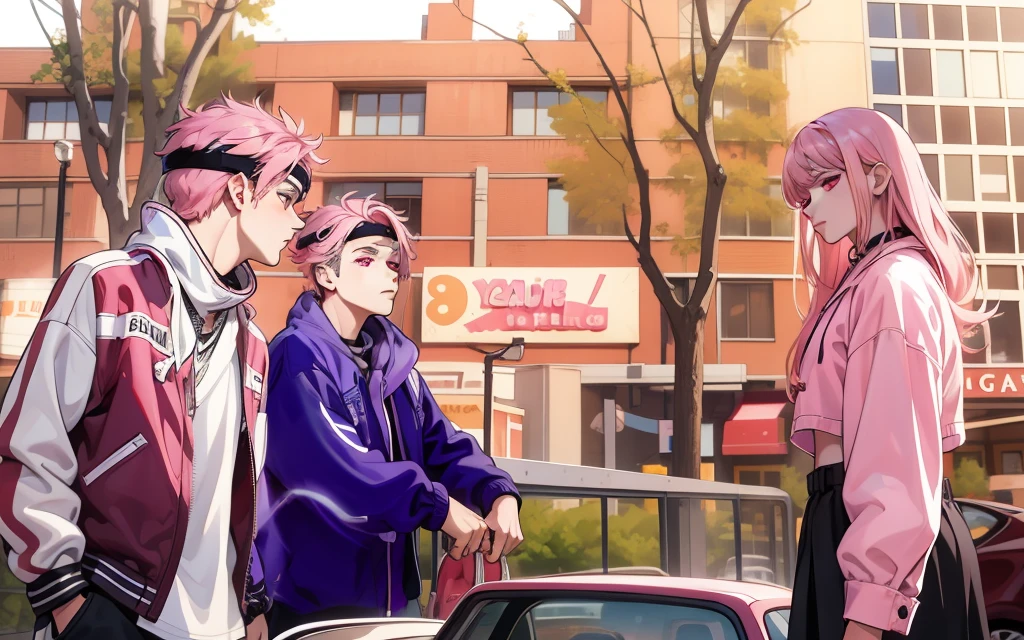 There are two 16-year-old men with pink eyes, pink hair, they have a black TV band on their heads, they are looking at a pretty from Cablello Cafe.