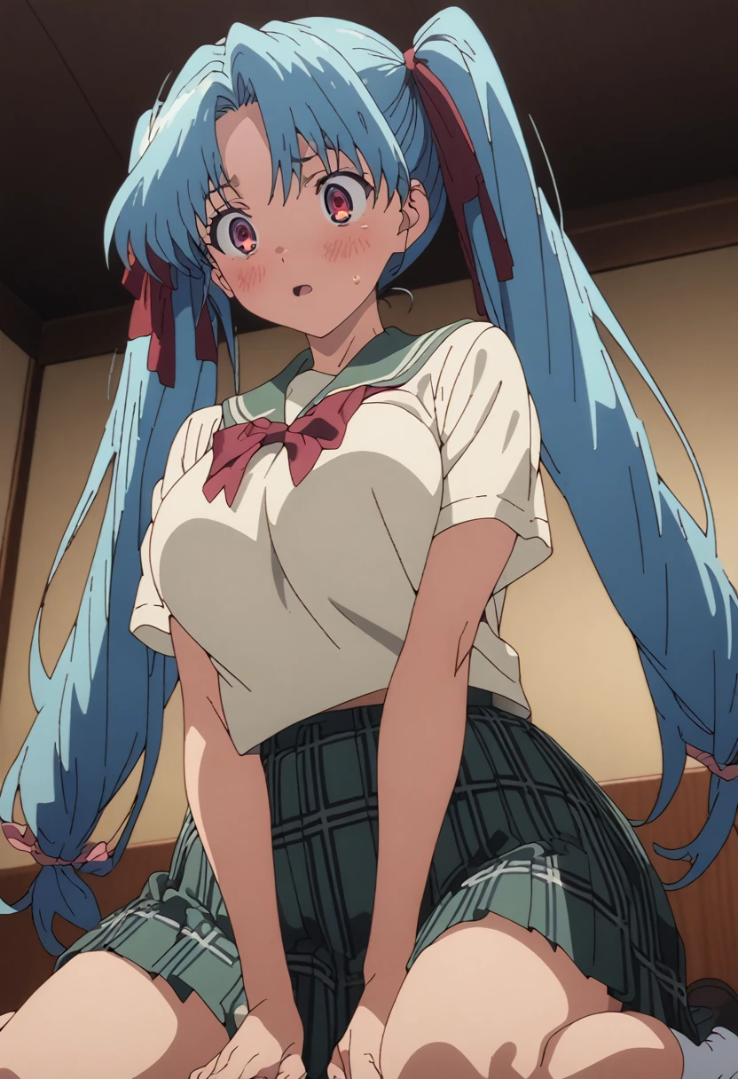 cel-shaded, 1990s anime, detailed, high quality, atmospheric, masterpiece, best quality, very aesthetic, absurdres, anime screencap, miku. 1girl, solo, (red eyes:1.5), detailed eyes, blue hair, twintails, long twintails, hair ribbons, miniskirt, plaid miniskirt, white shirt, (school uniform:1.5), panties, indoors, curvy body, big breasts, blush, surprised, cowboy shot, (wariza:1.5), from below