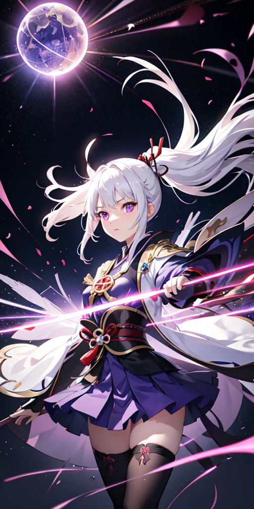 1girl, japanese clothes, ponytail ,white hair, purple eyes, magic circle, blue fire, blue flames, wallpaper, landscape, blood, blood splatter, depth of field, night, light particles, light rays, sidelighting, thighs, fate \(series\), genshin impact, ****, open jacket, skirt, thighhighs, cloud