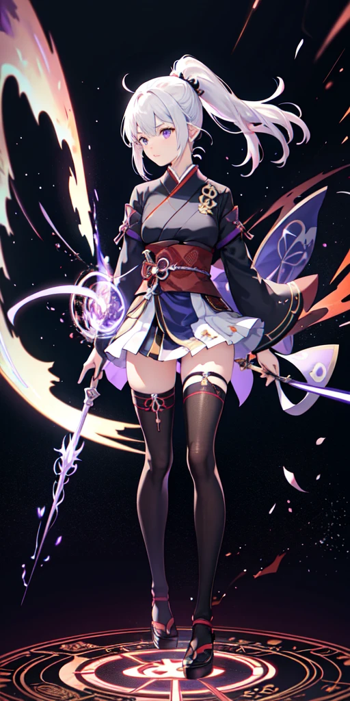 1girl, japanese clothes, ponytail ,white hair, purple eyes, magic circle, blue fire, blue flames, wallpaper, landscape, blood, blood splatter, depth of field, night, light particles, light rays, sidelighting, thighs, fate \(series\), genshin impact, ****, open jacket, skirt, thighhighs, cloud