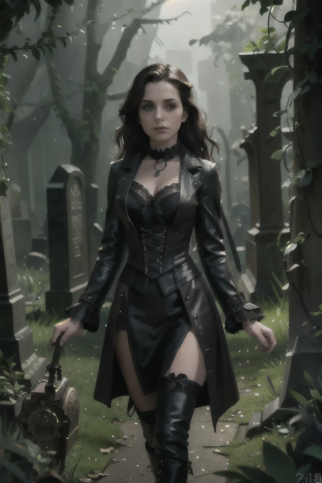 Cinematic, Vampire slayers, walks in an Gothic cemetery at night wearing a gothic steampunk fashion dress, fog and rainy condition, ghostly atmosphere, 1800s, (high skin detail: 1.2), ultra-detailed, photo-realistic, depth of field, cinematic lighting, IMAX camera, HDR, DTM, Full HD, 8k , captured in ultra high resolution with photorealistic and beautiful lighting. This masterpiece is of the best quality and is set against a zentangle abstract background (weighted at 1.4).