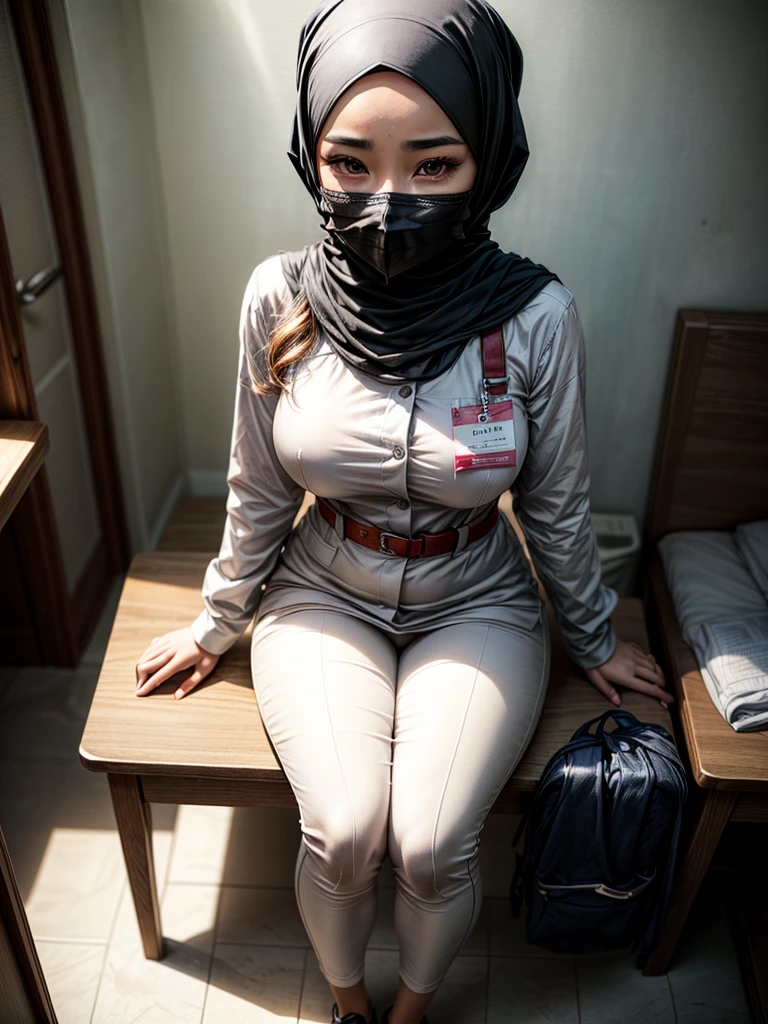 (1 girl), great body, in a hospital, ((wearing hijab)), wearing long white nurse uniform, long sleeves, long white pants, shot from above, wearing niqab, wearing mouth cover