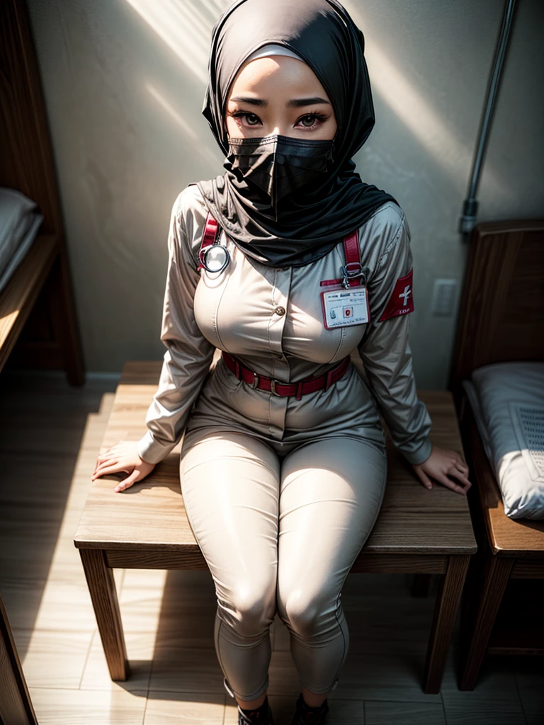 (1 girl), great body, in a hospital, ((wearing hijab)), wearing long white nurse uniform, long sleeves, long white pants, shot from above, wearing niqab, wearing mouth cover