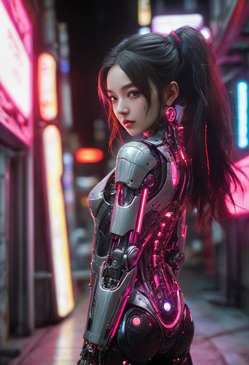 xxmixgirl. Highly detailed professional 35mm film, bokeh, face in sharp focus. A robotic female, Miku, with ((metal skin)), ((perfect Asian eyes)) with magenta irises and ((black pupils)), beautiful serious (detailed face), 18 year old ((photorealistic face)), very long magenta twin tails of magenta hair, twin black hair ties with a single red stripe. She may have a black audio headpiece. We can see her ((full body)) down to her boot soles. Her outfit is a sleeveless collared light grey shirt, outlined in red around the frilled collar and hems. Shiny reflective ((metallic breast cups, dimpleless)), invisible nipples. She wears black sleeves with red hems that start around her upper arm and bellow out as the sleeves open and extend to her wrists, with wide trumpet red rimmed cuffs. She has perfect robotic (detailed hands). She wears a red colored tie with two horizontal solid parallel black lines halfway across. She wears a fabric black skirt with a horizontal red hem at the bottom all the way around; her (((black skirt wraps around her))) and ((her skirt completely covers)) her robotic waist and thighs. Tall black boots with red bottom soles, a red rim around the top at her thighs. Her mechanical shoulder joints are visible. We can see her robotic legs and robotic neck. Half of her is covered with shiny polished machinery. The background is a distant dark neon futuristic Japanese city, gold, cyan, violet neon, near harbor or mountains.