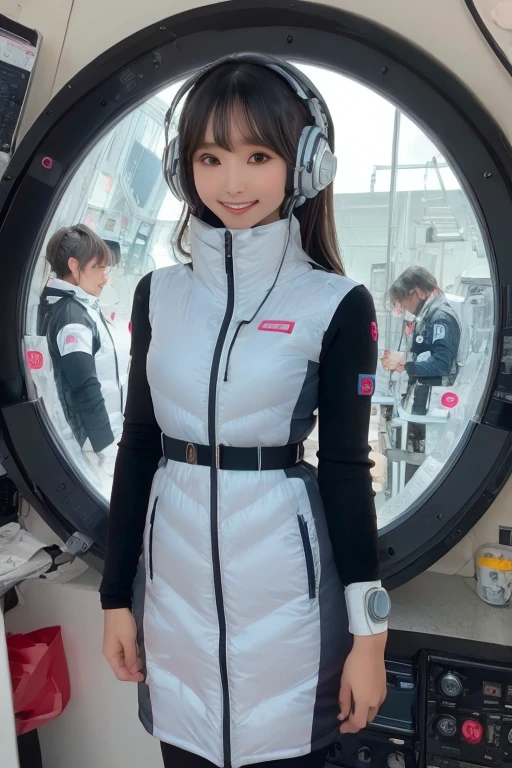 masterpiece, Highest quality, Very detailed, 8K Portrait,Japanese Android Girl,plump , Control panel,Robotic arms and legs, Blunt bangs,,break (Metallic Gray, Metallic luster, Mirror finish, Astro Best):5,headphone:5,break (Black sleeves):100,Smart Watches,Futuristic space station,Control Room,break headphone,blue eyes,(Black Hair):2,(Long Hair):1.3,Displaying the viewer,(respirator),break blush:3,Hidden Hand,smile