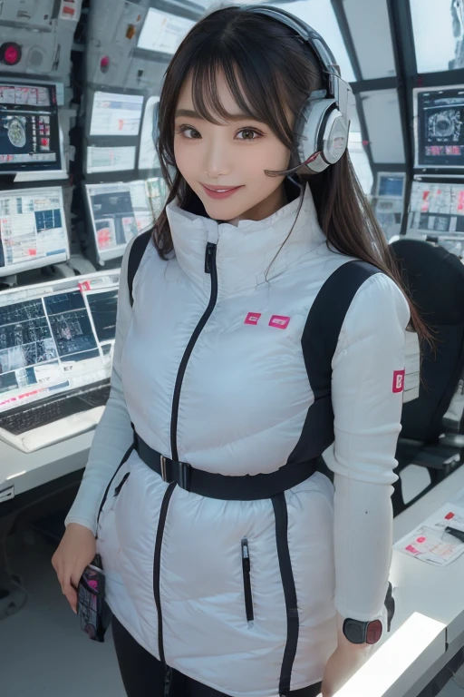 masterpiece, Highest quality, Very detailed, 8K Portrait,Japanese Android Girl,plump , Control panel,Robotic arms and legs, Blunt bangs,,break (Metallic Gray, Metallic luster, Mirror finish, Astro Best):5,headphone:5,break (Black sleeves):100,Smart Watches,Futuristic space station,Control Room,break headphone,blue eyes,(Black Hair):2,(Long Hair):1.3,Displaying the viewer,(respirator),break blush:3,Hidden Hand,smile