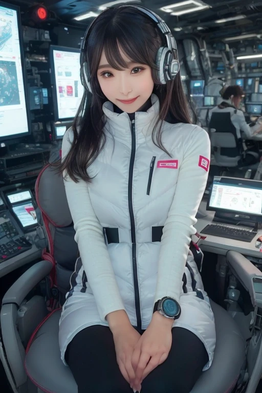 masterpiece, Highest quality, Very detailed, 8K Portrait,Japanese Android Girl,plump , Control panel,Robotic arms and legs, Blunt bangs,,break (Metallic Gray, Metallic luster, Mirror finish, Astro Best):5,headphone:5,break (Black sleeves):100,Smart Watches,Futuristic space station,Control Room,break headphone,blue eyes,(Black Hair):2,(Long Hair):1.3,Displaying the viewer,(respirator),break blush:3,Hidden Hand,smile