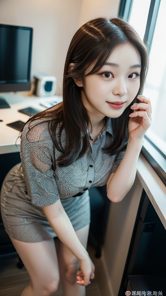 ((top-quality、​masterpiece、photographrealistic:1.4、in 8K))、Beautuful Women１a person、25years old、beautiful hairl、delicate and beautiful face、Eyes and faces with detailed 、(Modern workplace with computer:1.2)、(Shirt:1.2)、(standing:1.2)、A smile、Beautiful lighting、Textured skin、Super Detail、high detailing、High quality、hight resolution、（looking at the viewers）、Detailed mouth、Opening Mouth、full body Esbian、tight skirts、Women at work、Fishnet Stockings、Coffee、window、Women who can work、high-heels, short hair 