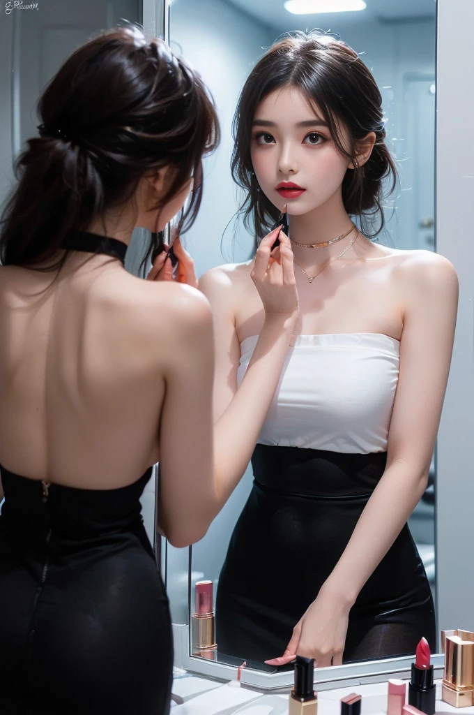 ((top quality, 8K, masterpiece: 1.3)), lens flare, full body shot, indirect lighting, (a faint smile : 1.3), ((1 woman, 20 years old), (beauty: 1.4), slim body, realistic skin, ((black medium hair : 1.3), (strapless mini dress, long legs, see-through pantyhose, choker necklace, precious metals, high heels), (Make-up room, closet, footboard, powder room), (face the makeup mirror, lower the upper body, stick ass out, put on lipstick, apply lips) , very detailed look, very detailed lips, detailed eyes, precise gaze, beautiful student, Clear eye line, abundant eyelashes, double eyelid, detailed fingers, detailed legs, natural anatomy, cosmetics pouch, flour, cosmetics, Nail art, feminine accessories