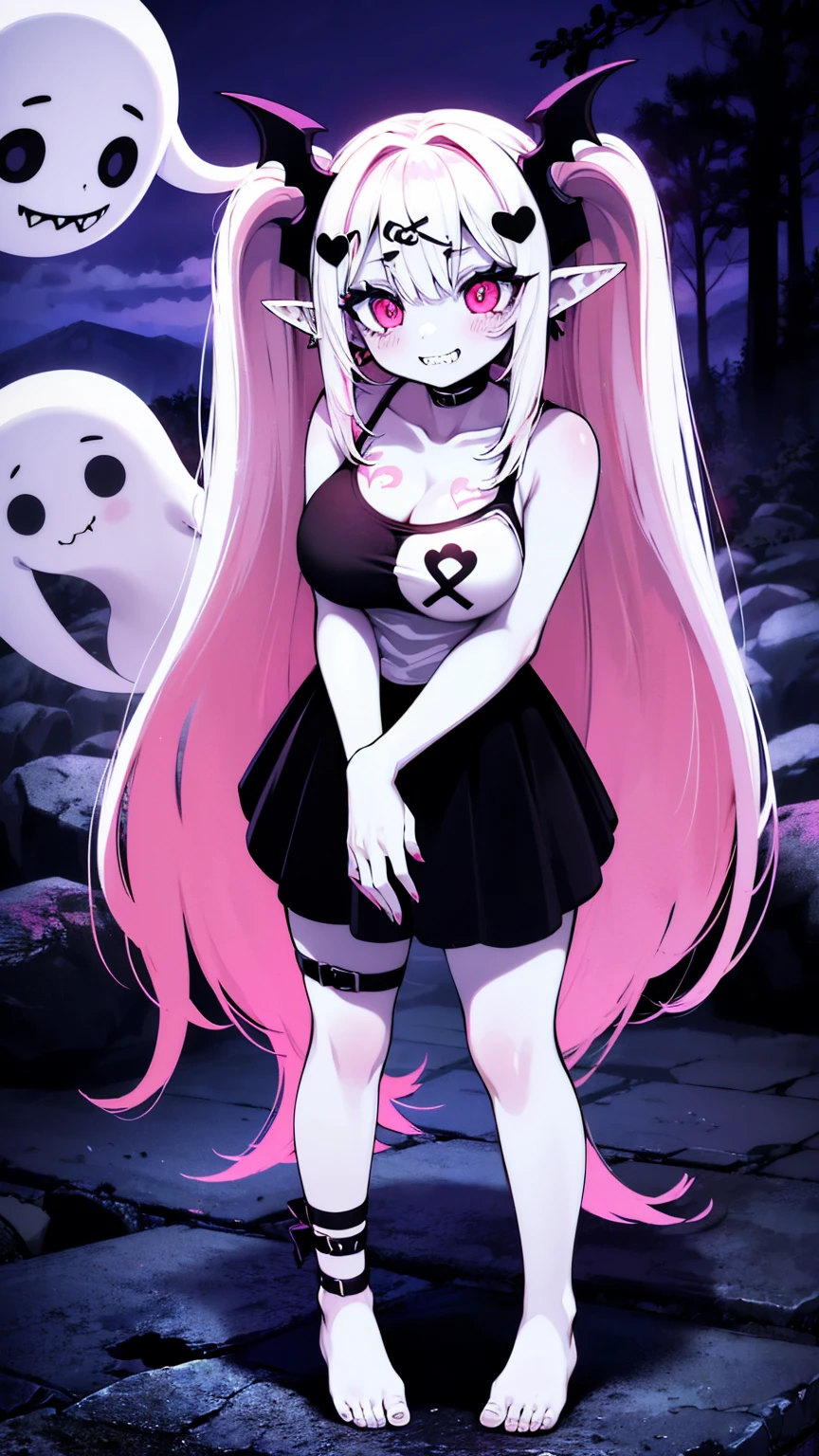original character,8k, Masterpiece, The best quality,detailed, Beautiful detailed eyes,,film-like composition,16 years old,1Vampire Girl,only,pink eyes,cana, long hair,(((White skin como un vampiro,pale skin,colored skin))),Sharp teeth,BIG BREASTS,(white sleeveless t-shirt),neckline,barefoot,elf ear,blush,((Standing in front of some stone ruins at night,cute ghosts around)),evening,White skin,colored skin,crazy eyes,Crazy smile, shadowed face,yandere, yandere,