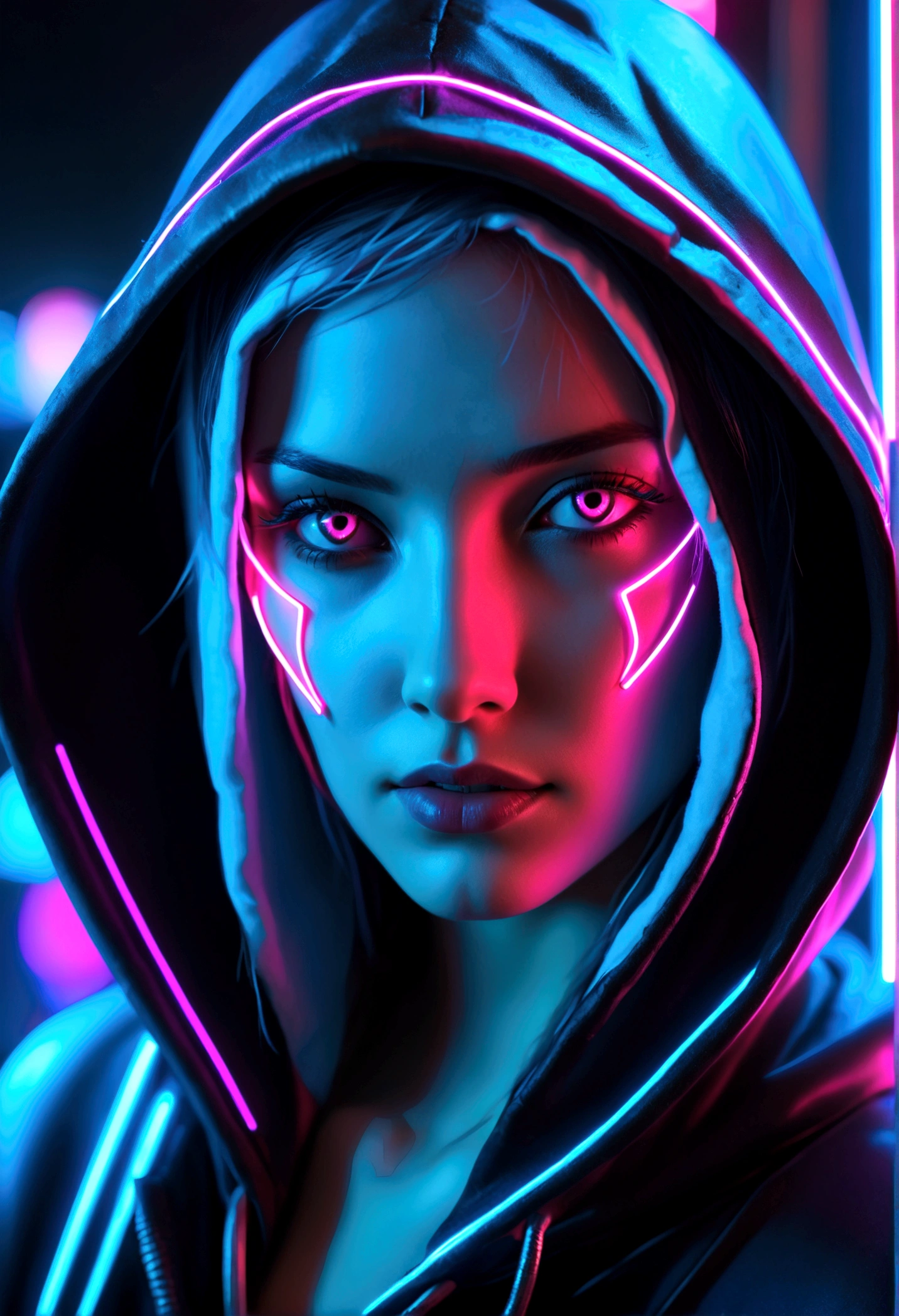 a close up of a woman with a hood on and a neon light on her face, beautiful cyberpunk woman model, bright cyberpunk glow, cyberpunk 2 0 y. o model girl, cyberpunk with neon lighting, hyper-realistic cyberpunk style, cyberpunk lighting, the cyberpunk girl portrait, cyberpunk anime girl in hoodie, scifi woman, portrait beautiful sci - fi girl