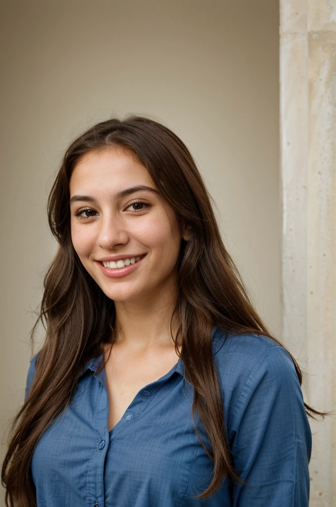 a photo-realistic portrait of a beautiful Palestinian woman with long brown hair, blue shirt, white teeth, and a cute smile, with highly detailed and realistic facial features, modest expression, and realistic white skin tone