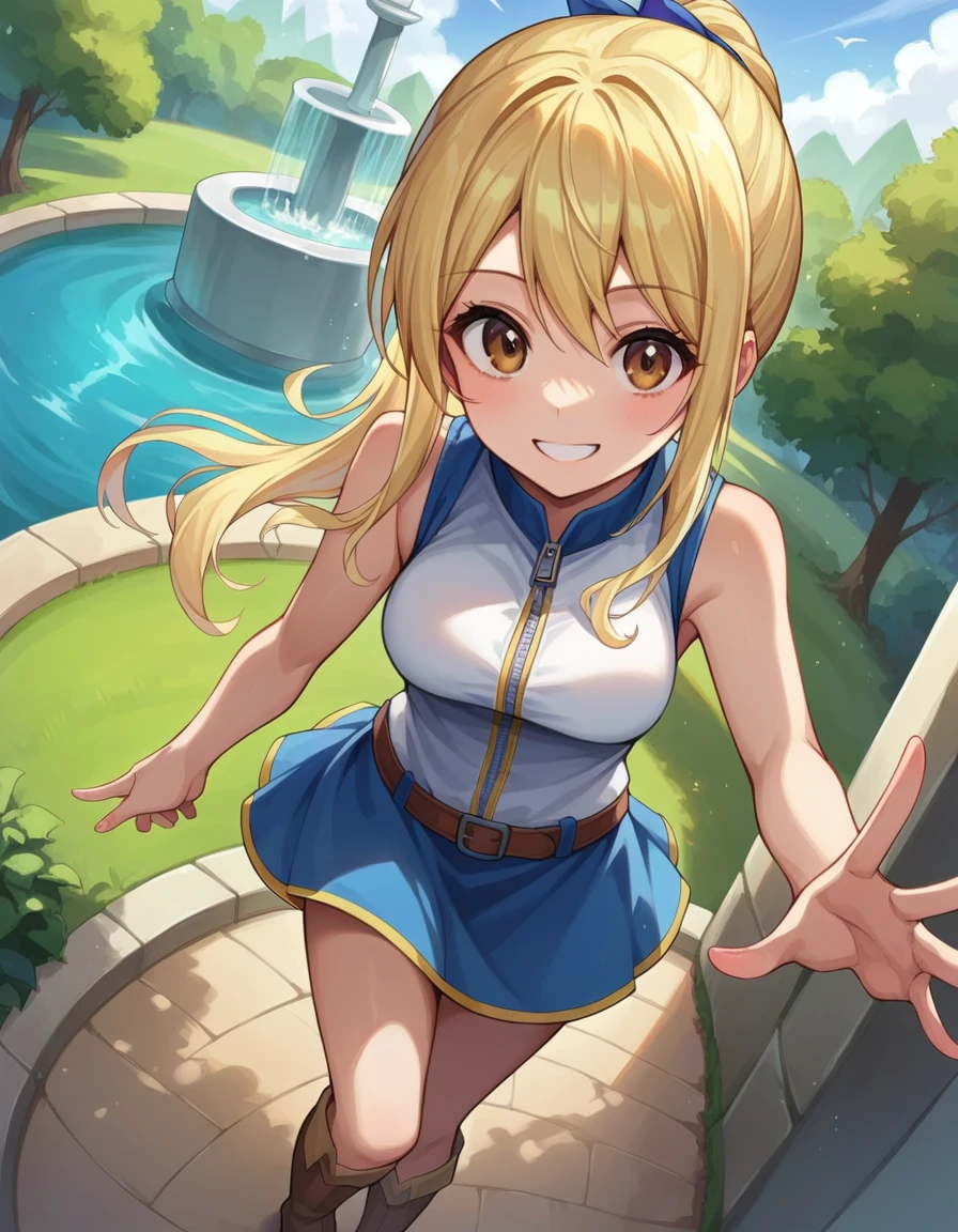 score_9, score_8_above, score_7_above, fountain_cheered up,
Lucy Heartfilia, Lucy Heartfilia, by rubio, Brown eyes, one side above, Love, hair Love, blue Love, wide, SMILE,
Skirt, shirt, bare shoulders, Boots, sleeveless, blue Skirt, sleeveless shirt, white shirt, zipper,
outdoor, forest, nature,
looking at the viewer, cowboy shot, dutch angle, dynamic pose,