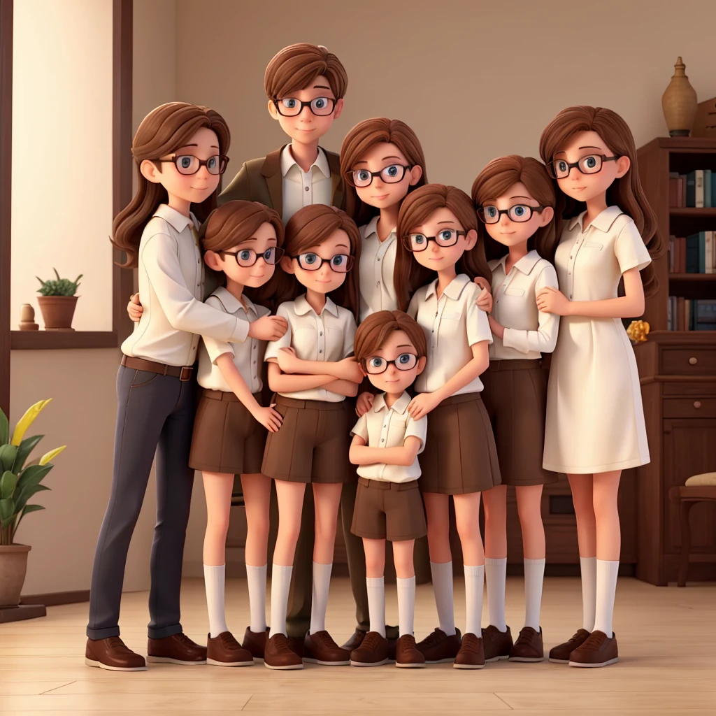 Tall white boy with three white girls, two girls have glasses. All pf them have brown hair while they are hugging