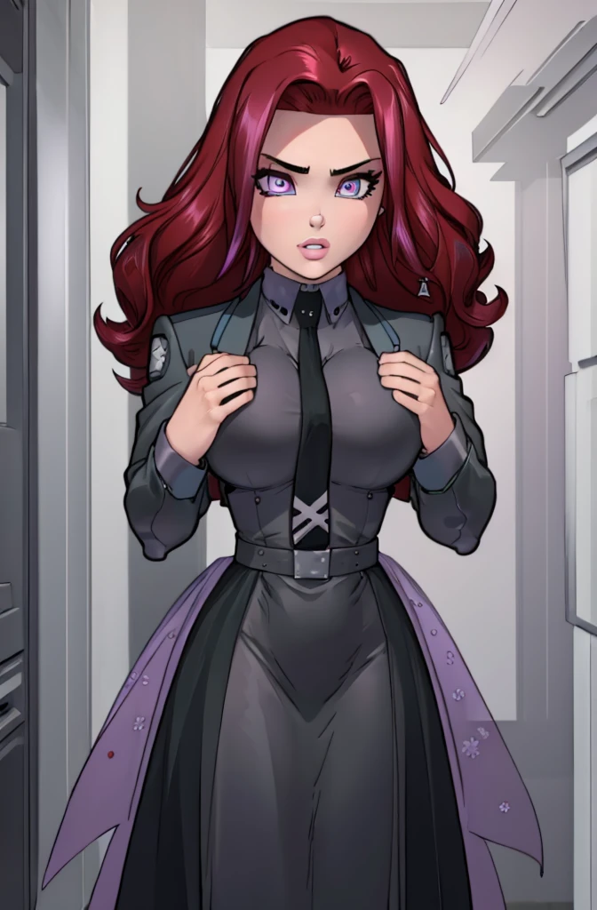 Masterpiece. detailed eyes, rabiestlagomorph, waist-length reddish purple hair, Large breasts, black dress, magic_high_school_uniform, Charcoal jacket, black necktie