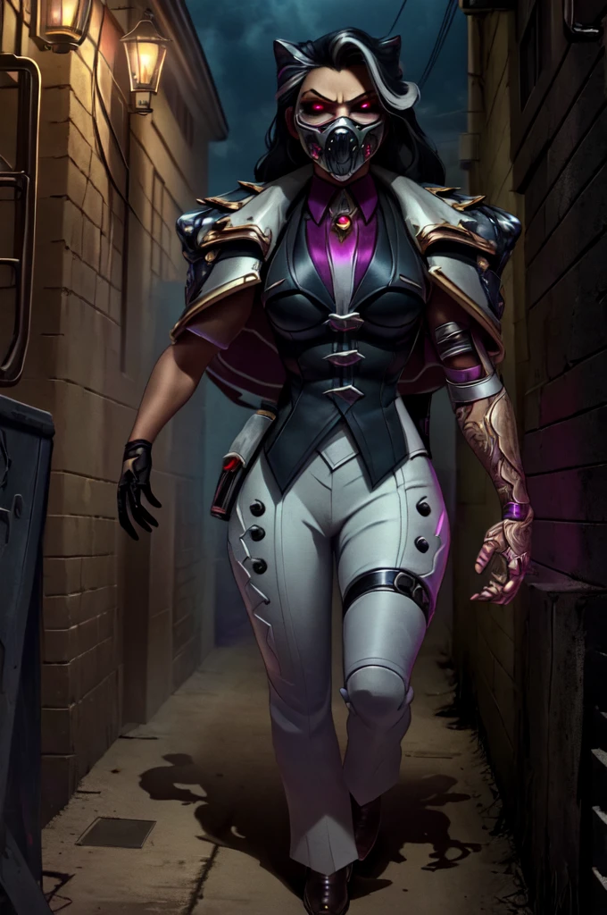 renata, rnta outfit, rnta jacket, rnta mask, angry, serious, walking toward viewer in very dark alley at night, steampunk, intense lighting, looking at viewer, glowing eyes, (cowboy shot), (insanely detailed, beautiful detailed face, masterpiece, beautiful detailed eyes, best quality) tape bondage