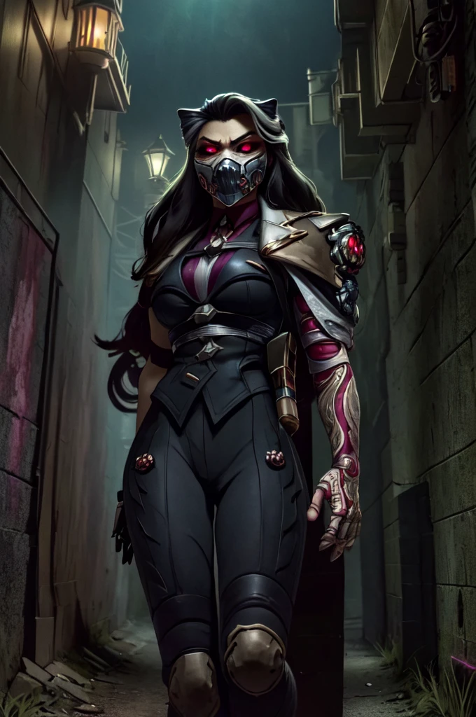 renata, rnta outfit, rnta jacket, rnta mask, angry, serious, walking toward viewer in very dark alley at night, steampunk, intense lighting, looking at viewer, glowing eyes, (cowboy shot), (insanely detailed, beautiful detailed face, masterpiece, beautiful detailed eyes, best quality) tape bondage