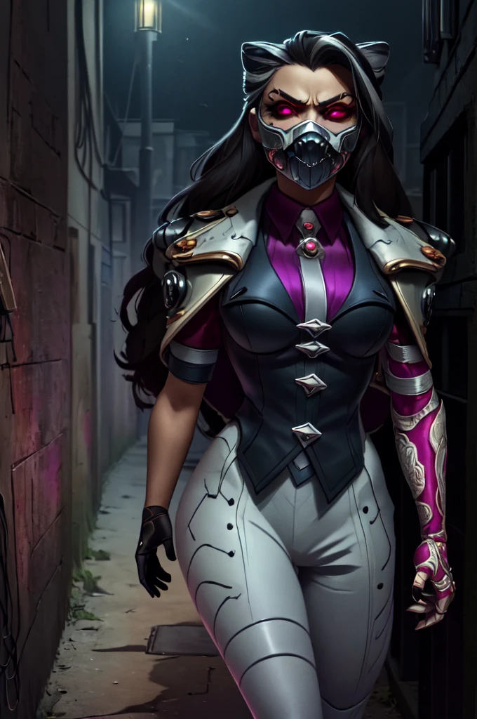 renata, rnta outfit, rnta jacket, rnta mask, angry, serious, walking toward viewer in very dark alley at night, steampunk, intense lighting, looking at viewer, glowing eyes, (cowboy shot), (insanely detailed, beautiful detailed face, masterpiece, beautiful detailed eyes, best quality) tape bondage