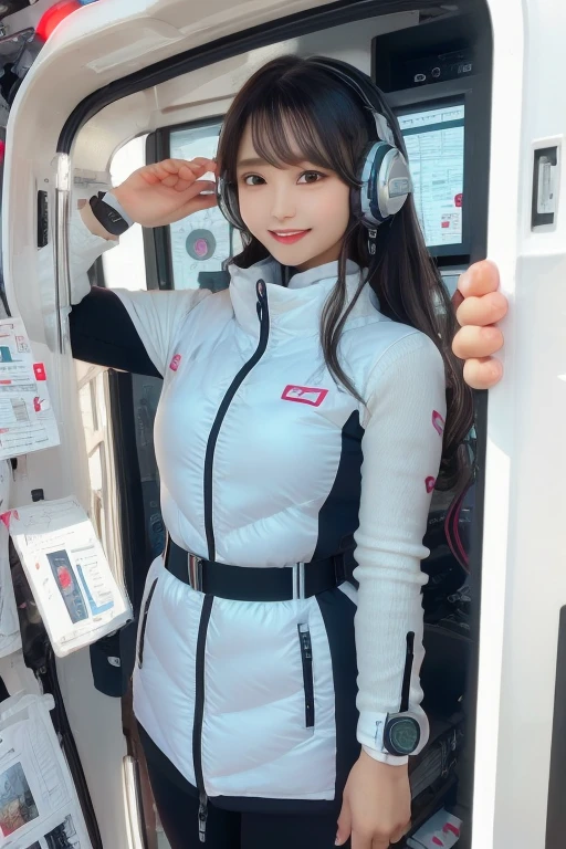 masterpiece, Highest quality, Very detailed, 8K Portrait,Japanese Android Girl,plump , Control panel,Robotic arms and legs, Blunt bangs,,break (Metallic Gray, Metallic luster, Mirror finish, Astro Best):5,headphone:5,break (Black sleeves):100,Smart Watches,Futuristic space station,Control Room,break headphone,blue eyes,(Black Hair):2,(Long Hair):1.3,Displaying the viewer,(respirator),break blush:3,Hidden Hand,smile