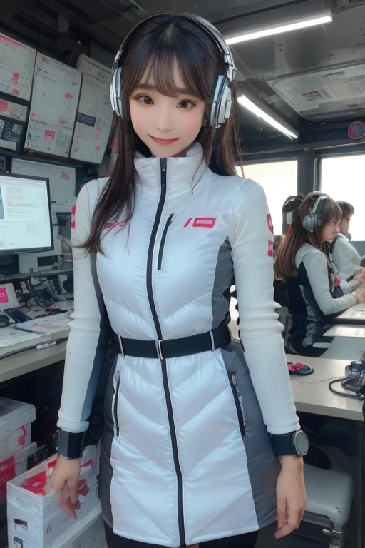 masterpiece, Highest quality, Very detailed, 8K Portrait,Japanese Android Girl,plump , Control panel,Robotic arms and legs, Blunt bangs,,break (Metallic Gray, Metallic luster, Mirror finish, Astro Best):5,headphone:5,break (Black sleeves):100,Smart Watches,Futuristic space station,Control Room,break headphone,blue eyes,(Black Hair):2,(Long Hair):1.3,Displaying the viewer,(respirator),break blush:3,Hidden Hand,smile