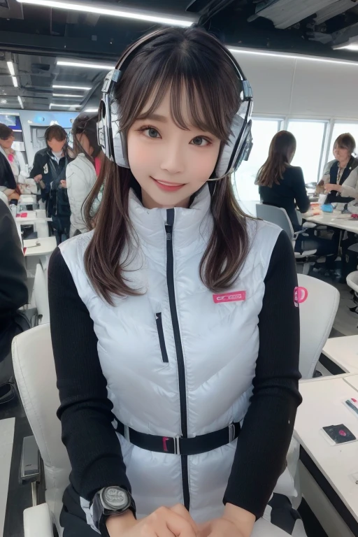 masterpiece, Highest quality, Very detailed, 8K Portrait,Japanese Android Girl,plump , Control panel,Robotic arms and legs, Blunt bangs,,break (Metallic Gray, Metallic luster, Mirror finish, Astro Best):5,headphone:5,break (Black sleeves):100,Smart Watches,Futuristic space station,Control Room,break headphone,blue eyes,(Black Hair):2,(Long Hair):1.3,Displaying the viewer,(respirator),break blush:3,Hidden Hand,smile