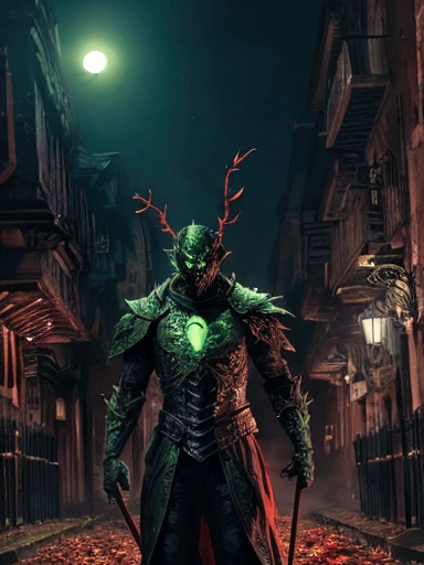 (extremely detailed 8k wallpaper), a medium shot photo of scary Grim dressed as a green leaf-manin an armour made of red glowing wires from marvel, theme, intricate, high detail, dramatic, old scary building with a leaves in the background